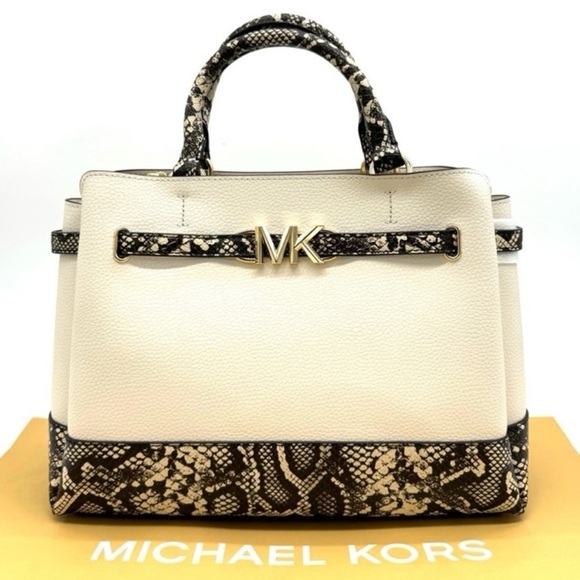 Michael Kors Reed Large Belted Satchel Crossbody Bag Light Cream Snakeskin - Picture 1 of 11